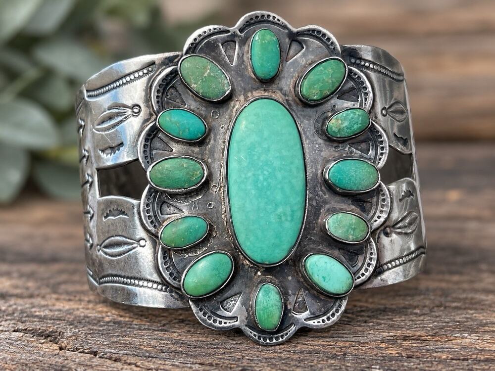 Vintage Navajo Fred Harvey Sterling Silver Turquoise Cluster Cuff Bracelet 53g